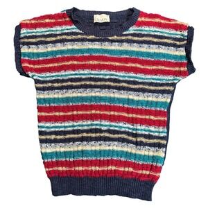 Devon Striped Knit Sweater Top Women Medium Short Sleeve Crew Neck Made‎ USA